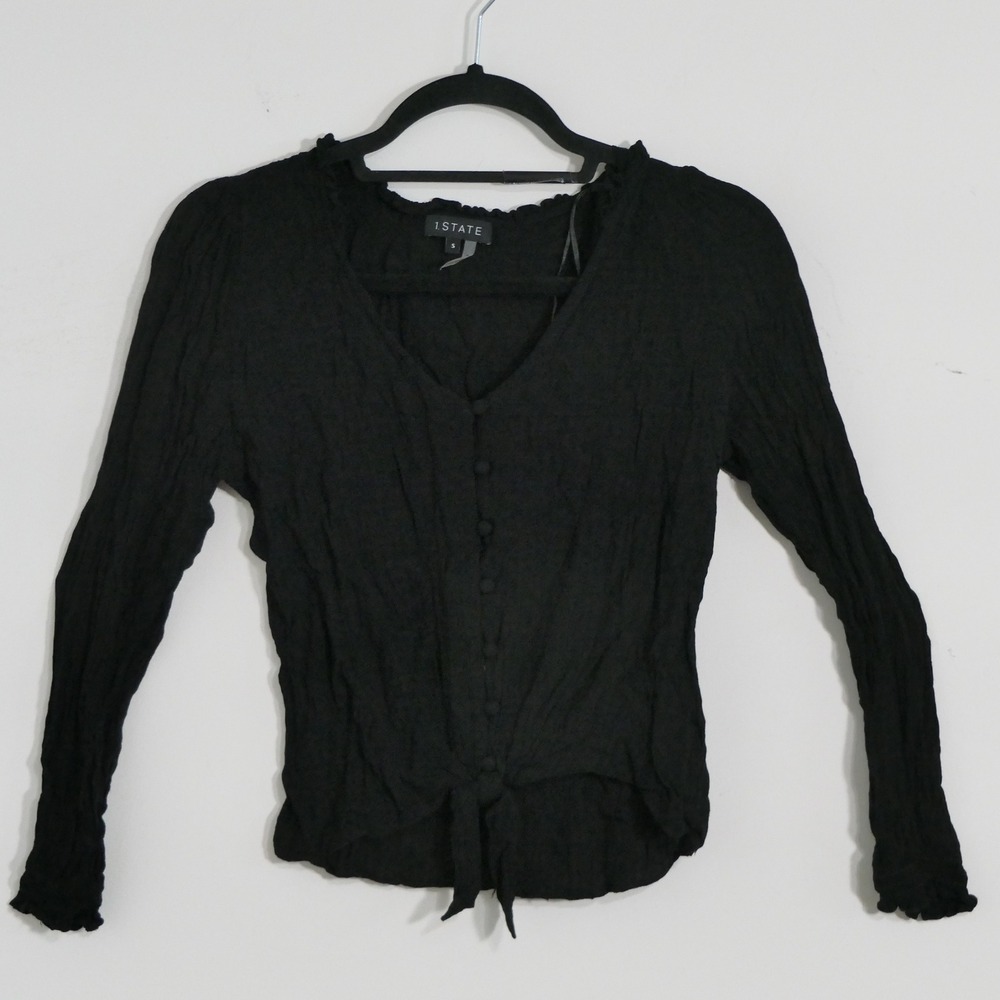1.STATE Womens Top S Black Tie‎ Front Boho Textured Peasant Cottagecore Gauze